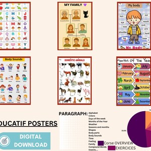 Peut inclure: Six posters éducatifs illustrant l'alphabet, la famille, le corps humain, les sons, les animaux domestiques et les mois de l'année. Le texte "53 EDUCATIF POSTERS" et un bouton "DIGITAL DOWNLOAD" sont également présents. Un diagramme circulaire est visible.