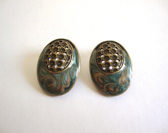 Vintage Enamel Earrings Modernist Oval Earrings / Lattice / Bronze / Turquoise