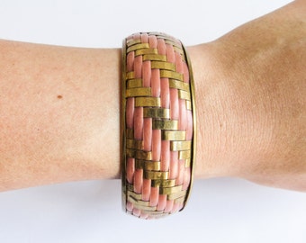 Pink & Gold Woven Vintage Wide Brass Textile Bangle Bracelet