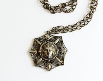 Pharaoh Egyptian Revival Vintage Oversized Ornate Bronze Necklace
