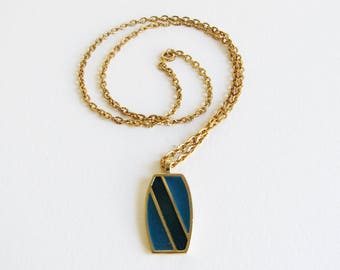 Vintage Geometric Enamel Necklace with Cerulean Blue and Green Stripe on Gold Tone Chain