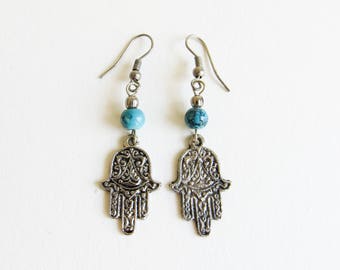 Vintage Silver Tone Hamsa Hand Dangle Earrings