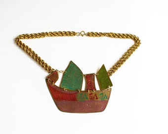 Vintage Extra Large Brass Boat / Ship Articulated Choker Bib Necklace with Etched Enamel Details