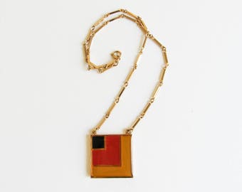 Sarah Coventry Front Row Vintage Necklace with red, black, yellow, & gold rectangle bibb