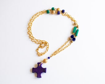 Vintage Diane Von Furstenberg Gold Oversized Chain Necklace with Jewel Tone Beads & Cross Pendant