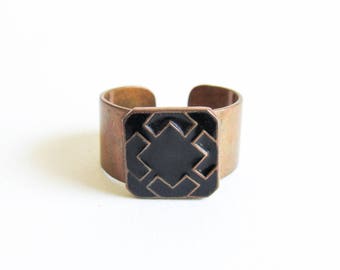 Vintage Copper & Black Enamel Modernist Cuff Ring with Geometric Square Design Size 6