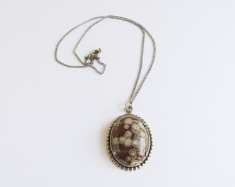 Red Jasper Stone Cameo Vintage Necklace on Silver Tone Chain