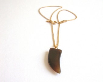 Resin Horn Necklace : Amber Tusk root beer colored resin horn pendant on a gold tone chain