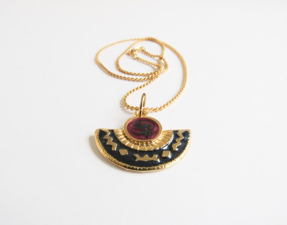 Southwest Enamel Vintage Gold Necklace with Nativ… - image 3