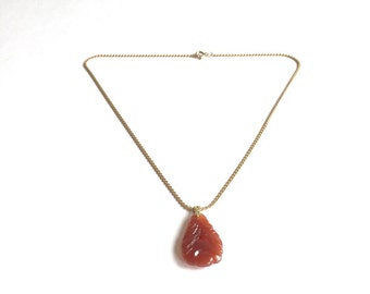 Vintage faux Carnelian Carved Necklace, Orange carved stone pendant, Asian themed necklace