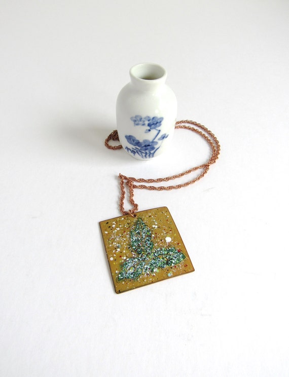 Vintage Modernist Enamel Necklace : Leaf splatter… - image 1