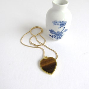 Vintage Heart Necklace: Tigers Eye heart necklace, vintage tigers eye necklace, gold tone, carved tigers eye heart necklace, puffy heart