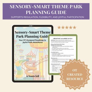 Könnte beinhalten: Ein digitaler Leitfaden mit dem Titel "Sensory-Smart Theme Park Planning Guide" auf einem Tablet, mit einer farbenfrohen Themenpark-Illustration. Ein kleineres Tablet zeigt Informationen zu Barrierefreiheitsdiensten an. Der Leitfaden unterstützt Regulierung, Flexibilität und freudige Teilnahme.