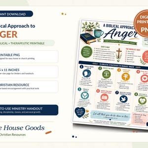 May include: A digital printable PNG document titled A Biblical Approach to Anger, featuring eight numbered strategies for managing anger with scripture references, icons, and floral illustrations in blue, green, and orange on a white background.