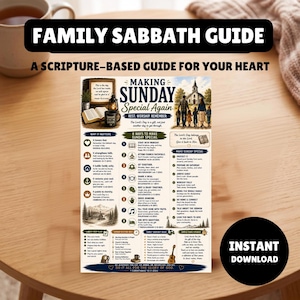 Puede incluir: Una guía familiar del sábado titulada Making Sunday Special Again. El documento incluye secciones sobre por qué el domingo es importante, ocho formas de hacer que el domingo sea especial y consejos prácticos para el culto familiar, ilustrados con imágenes religiosas.