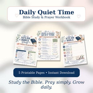 Puede incluir: Un cuaderno de ejercicios de estudio bíblico y oración Daily Quiet Time con cinco páginas imprimibles. Las hojas incluyen guías tituladas How to Study the Bible and Pray, How to Have a Daily Quiet Time y una página de método SOAP con texto.