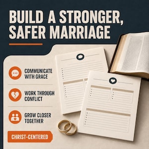 May include: Two cream-colored paper sheets with lined sections and icons, an open book, and two gold rings. Text reads: BUILD A STRONGER, SAFER MARRIAGE, COMMUNICATE WITH GRACE, WORK THROUGH CONFLICT, GROW CLOSER TOGETHER, and CHRIST-CENTERED.
