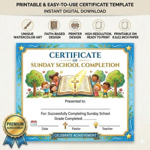 Certificaat voor het voltooien van de zondagsschool, Kids Church Award, Geloofsgerelateerd printbaar document (digitale download)