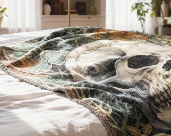 Skull and Luna Moth Woven Blanket | Dark Academia Gothic Tapestry