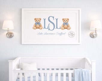 Impresión personalizada de osito de peluche para guardería, arte de pared con monograma preppy