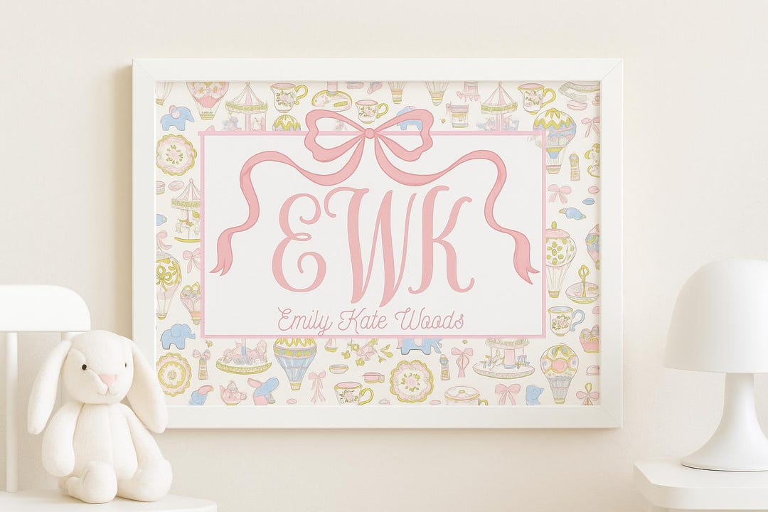 Custom Monogram Nursery Art • Baby Girl Name Print • Pink Bow Wall ...