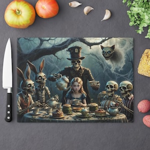 Gothic Skeleton Tea Party Cutting Board | Spooky Alice Halloween Kitchen Decor