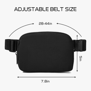 May include: Black fanny pack with adjustable belt size from 28 to 44 inches. The bag is 7.8 inches wide and 5 inches tall. The text "ADJUSTABLE BELT SIZE" is at the top of the image.