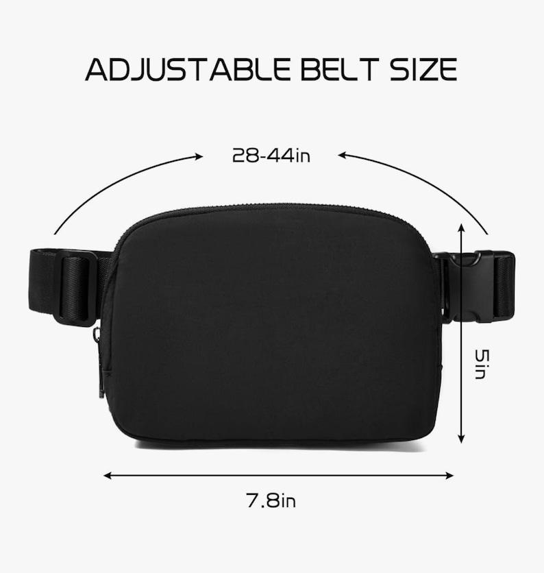 May include: Black fanny pack with adjustable belt size from 28 to 44 inches. The bag is 7.8 inches wide and 5 inches tall. The text "ADJUSTABLE BELT SIZE" is at the top of the image.