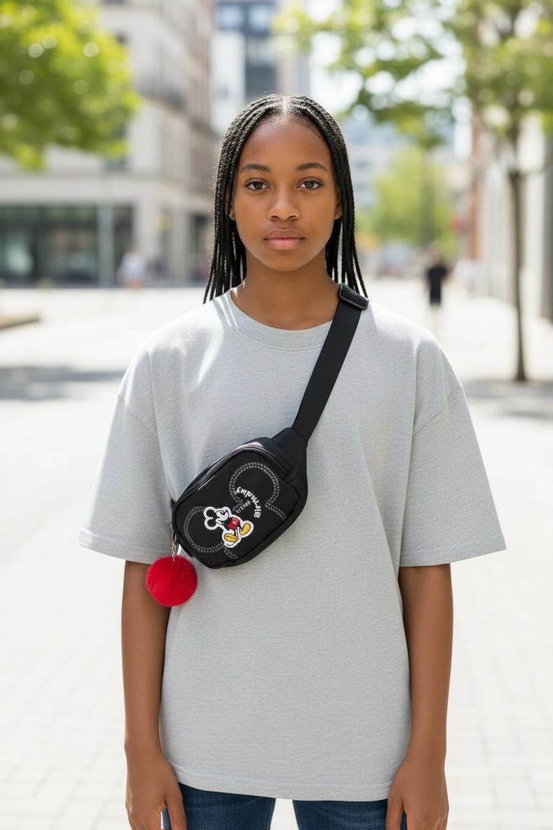 May include: A black fanny pack with a Mickey Mouse design and a red pom-pom. The bag is worn across the body and has a black strap. The person is wearing a gray t-shirt.