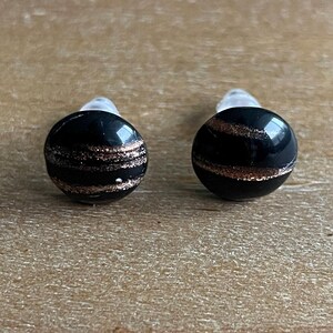 Vintage Button Earrings, Glass Black & Copper Swirl Studs - 7/16" 11mm