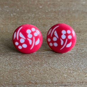 Vintage Button Earrings, Floral JHB Red and White NOS Studs - 9/16" 14mm
