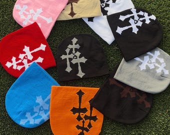 CH Style Knitted Cross Beanie With Black Leather Patch, Winter Hat