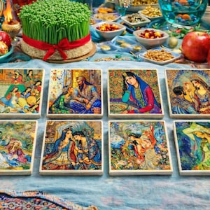 May include: A collection of eight square ceramic coasters featuring colorful Persian miniature paintings. The coasters depict scenes of figures in traditional clothing, set against a backdrop of a festive table with apples, eggs, and greenery.