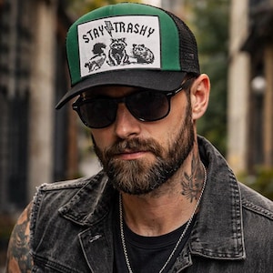 Stay Trashy Trucker Hat • Punk Rock Graphic Hat • Edgy Streetwear • Funny Raccoon Patch Cap