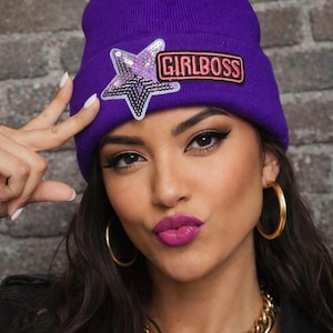 Gorro de punto Girlboss • Parche de estrella con lentejuelas, gorro de invierno moderno