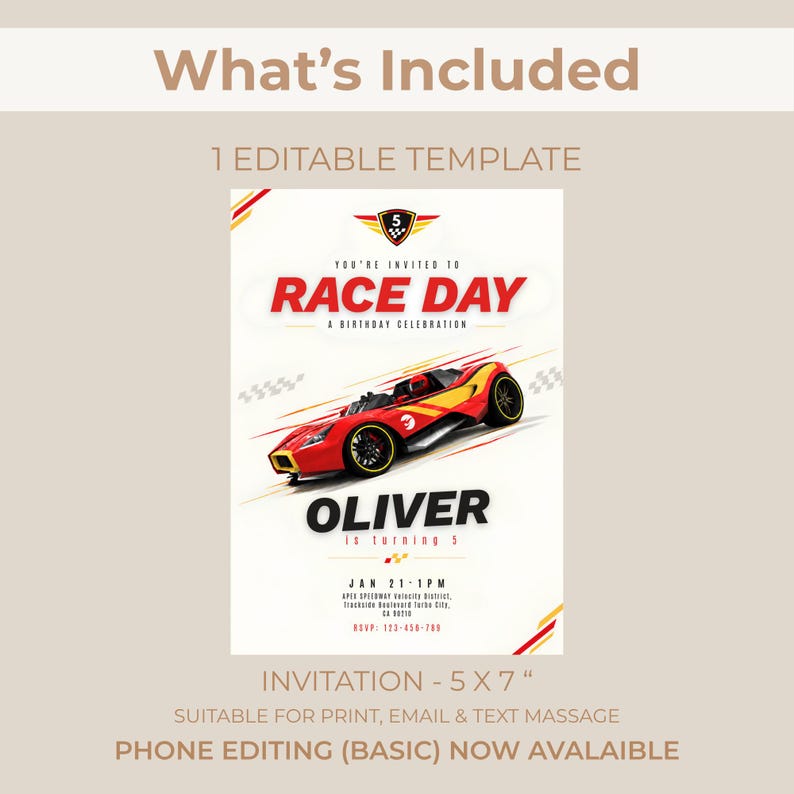 Hot Wheels 5th Birthday Invitation Canva Template, Editable Racing Car ...
