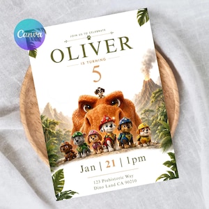 Op de afbeelding: Een verjaardagsuitnodigingskaart met Paw Patrol-figuren en een grote dinosaurus in een jungle-omgeving met een vulkaan. De tekst luidt: JOIN US TO CELEBRATE OLIVER IS TURNING 5, Jan 21 1pm, 123 Prehistoric Way, Dino Land CA 90210. Bevat een Canva-logo.