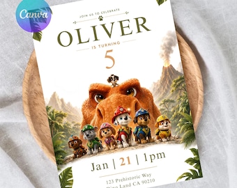 May include: A birthday invitation card featuring Paw Patrol characters and a large dinosaur in a jungle setting with a volcano. Text reads: JOIN US TO CELEBRATE OLIVER IS TURNING 5, Jan 21 1pm, 123 Prehistoric Way, Dino Land CA 90210. Includes a Canva logo.
