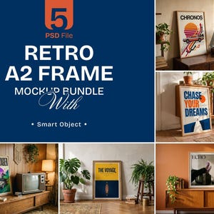 Retro Wood Frame Mockup Bundle, A2 Poster Mockup Set, Vintage Wall Art Display, Mid Century Modern Interior, 5 PSD and JPG Files