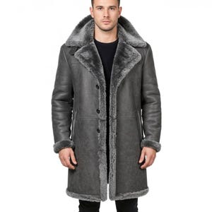 Men’s Gray Shearling Leather Coat | Vintage Winter Sheepskin Jacket | Warm Fur Lined Long Coat