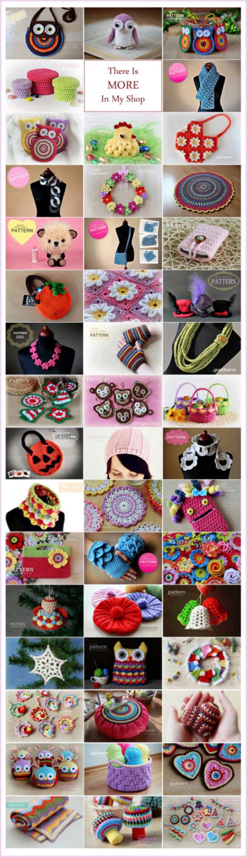 May include: A collection of colorful crocheted items, including a variety of bags, hats, toys, and home decor. The image includes the text "There Is MORE In My Shop".