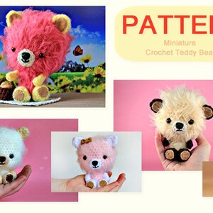May include: A crochet pattern for miniature teddy bears. The pattern includes instructions for making a pink, white, and beige teddy bear. The bears are all small and have a cute, fluffy appearance.