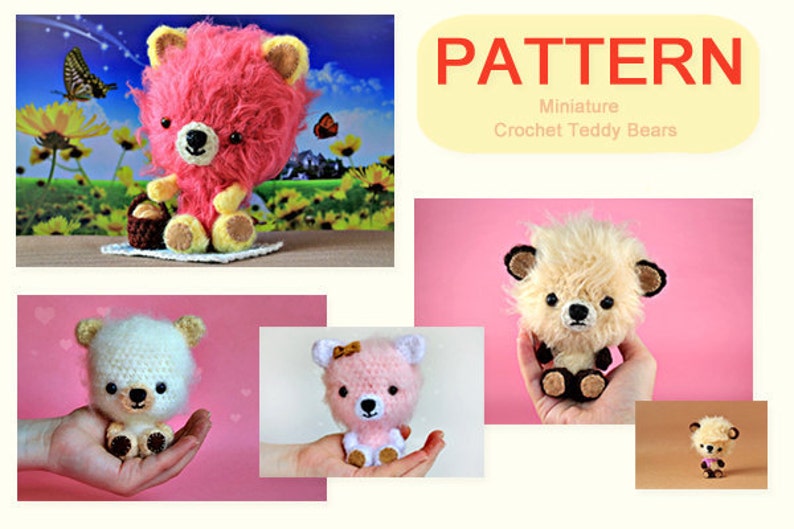 May include: A crochet pattern for miniature teddy bears. The pattern includes instructions for making a pink, white, and beige teddy bear. The bears are all small and have a cute, fluffy appearance.