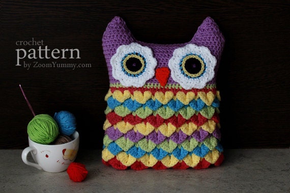Crochet Pattern Crochet Owl Cushion With Colorful Feathers Etsy