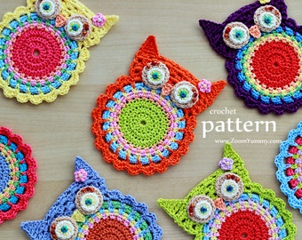 Crochet Pattern - Crochet Owl Coasters, Appliques - (Pattern No. 058) - INSTANT DIGITAL DOWNLOAD