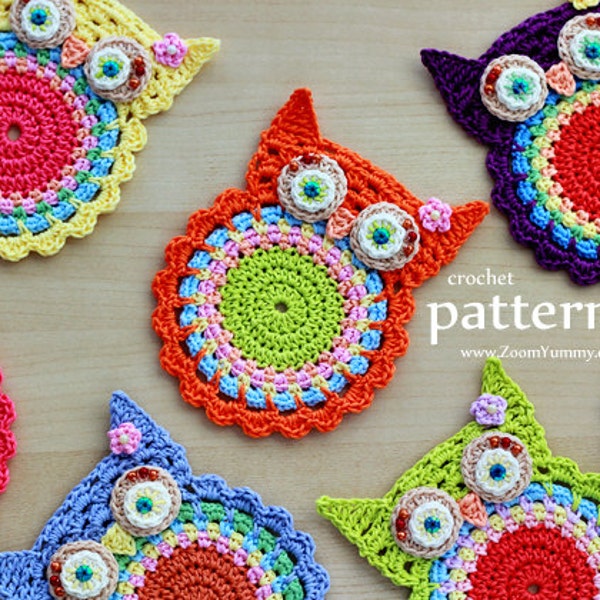 Crochet Pattern - Crochet Owl Coasters, Appliques - (Modèle n ° 058) - TÉLÉCHARGEMENT NUMÉRIQUE INSTANTANÉ