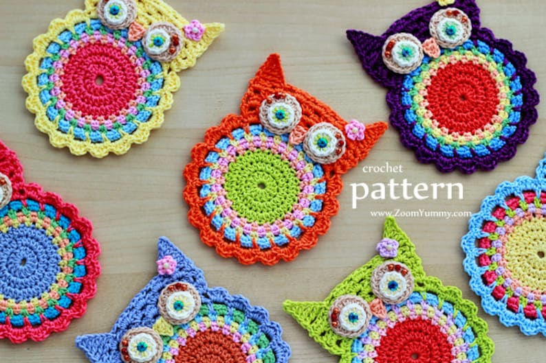 Crochet Pattern Crochet Owl Coasters, Appliques Pattern No. 058 INSTANT DIGITAL DOWNLOAD image 1