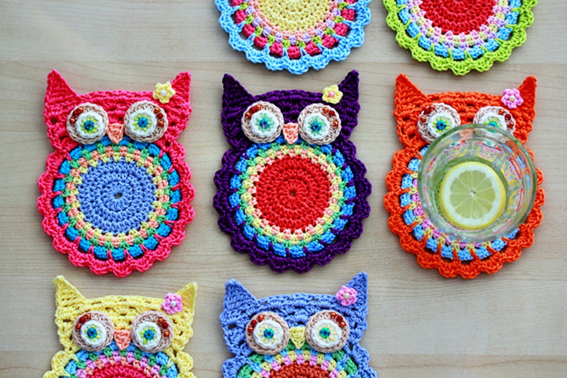 Crochet Pattern Crochet Owl Coasters Appliques pattern Etsy