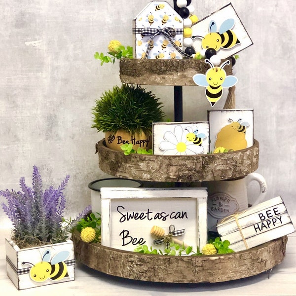 Bee Tiered Tray Decor - Mini Book Bundle - Framed 6 x 6 Mini Bee Sign - Summer Beaded Garland - Honey Coffee Bar Display - Farmhouse Style