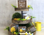 Honey Bee Tiered Tray Decor - Mini Book Bundle - Framed 6 x 6 Mini Bee Sign - Summer Beaded Garland - Coffee Bar Display - Farmhouse Style
